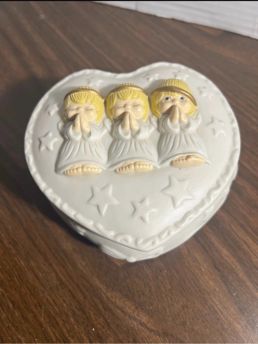 Hallmark White Heart Shaped Trinket Box with Three Praying Angels
